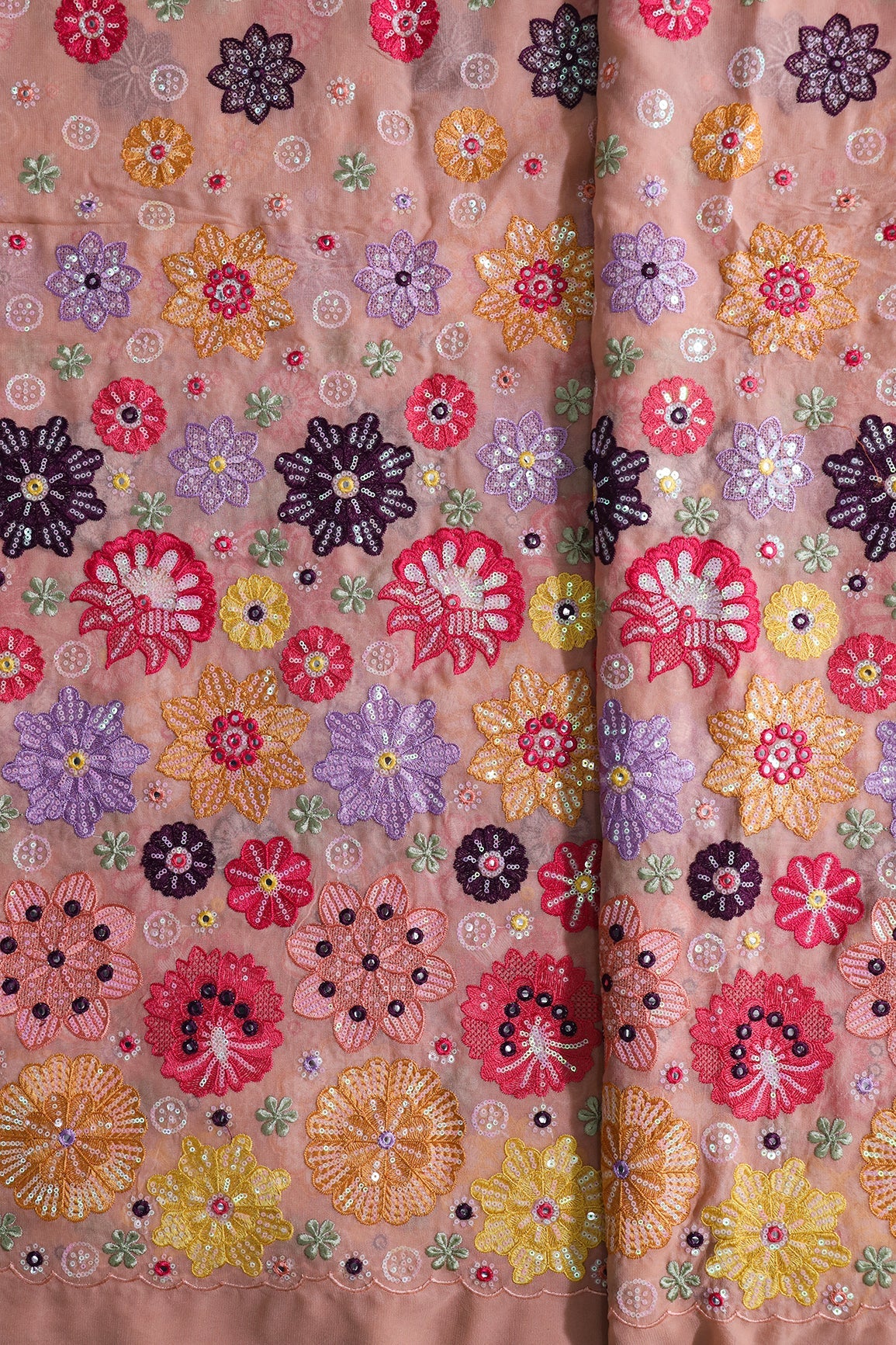 AIzaSyBcstauz-XMPRhEY21AUzeo032pxrXB5Ug - Big Width "52" Exclusive Floral Designer Embroidery With Faux Mirror On Peach Viscose Georgette Fabric