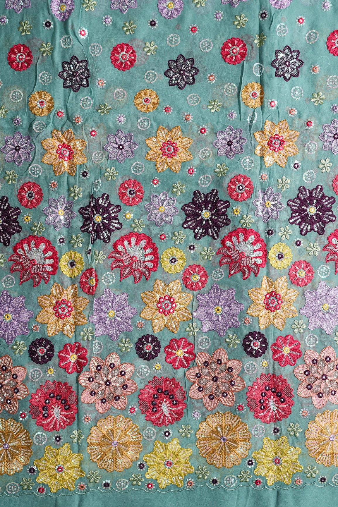 AIzaSyBcstauz-XMPRhEY21AUzeo032pxrXB5Ug - Big Width "52" Exclusive Floral Designer Embroidery With Faux Mirror On Teal Viscose Georgette Fabric