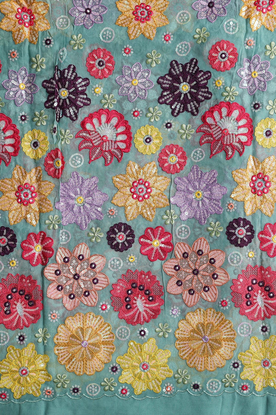 AIzaSyBcstauz-XMPRhEY21AUzeo032pxrXB5Ug - Big Width "52" Exclusive Floral Designer Embroidery With Faux Mirror On Teal Viscose Georgette Fabric