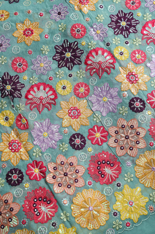 AIzaSyBcstauz-XMPRhEY21AUzeo032pxrXB5Ug - Big Width "52" Exclusive Floral Designer Embroidery With Faux Mirror On Teal Viscose Georgette Fabric