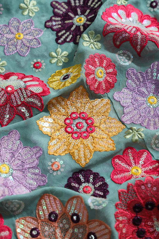 AIzaSyBcstauz-XMPRhEY21AUzeo032pxrXB5Ug - Big Width "52" Exclusive Floral Designer Embroidery With Faux Mirror On Teal Viscose Georgette Fabric