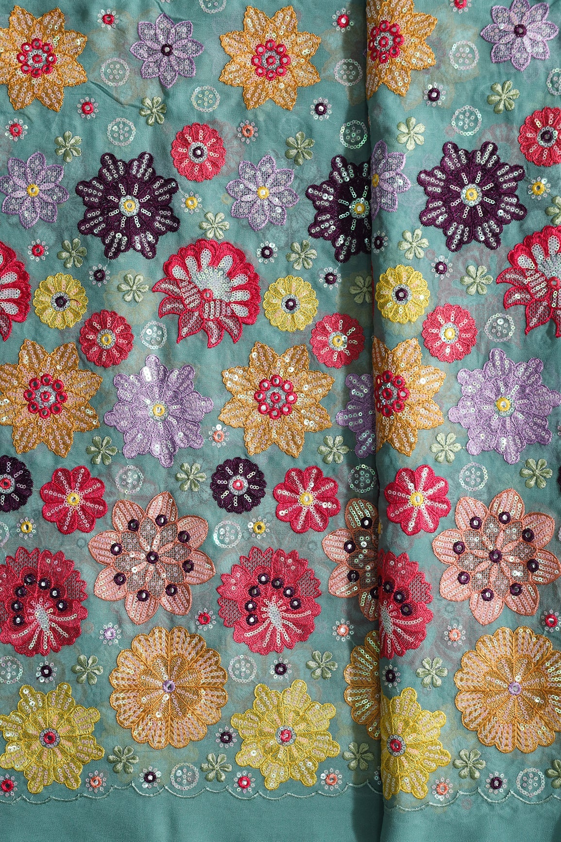 AIzaSyBcstauz-XMPRhEY21AUzeo032pxrXB5Ug - Big Width "52" Exclusive Floral Designer Embroidery With Faux Mirror On Teal Viscose Georgette Fabric