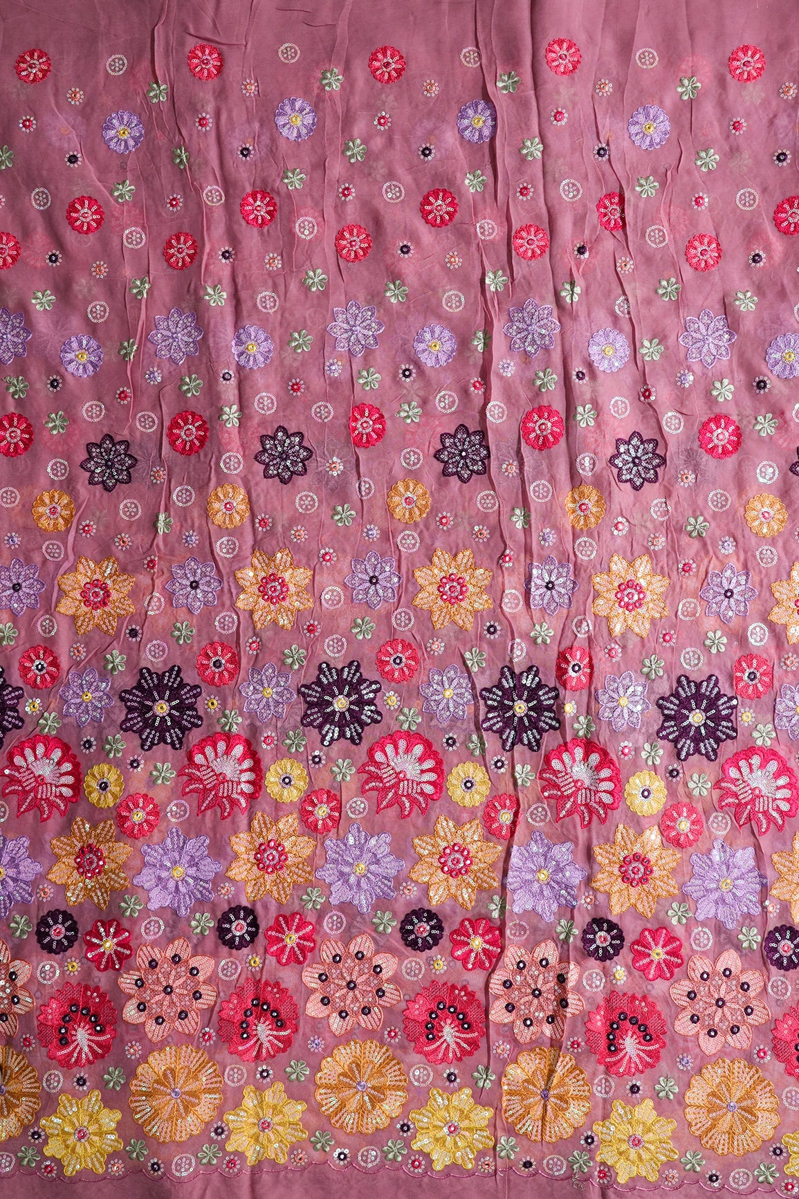 AIzaSyBcstauz-XMPRhEY21AUzeo032pxrXB5Ug - Big Width "52" Exclusive Floral Designer Embroidery With Faux Mirror On Thulian Pink Viscose Georgette Fabric