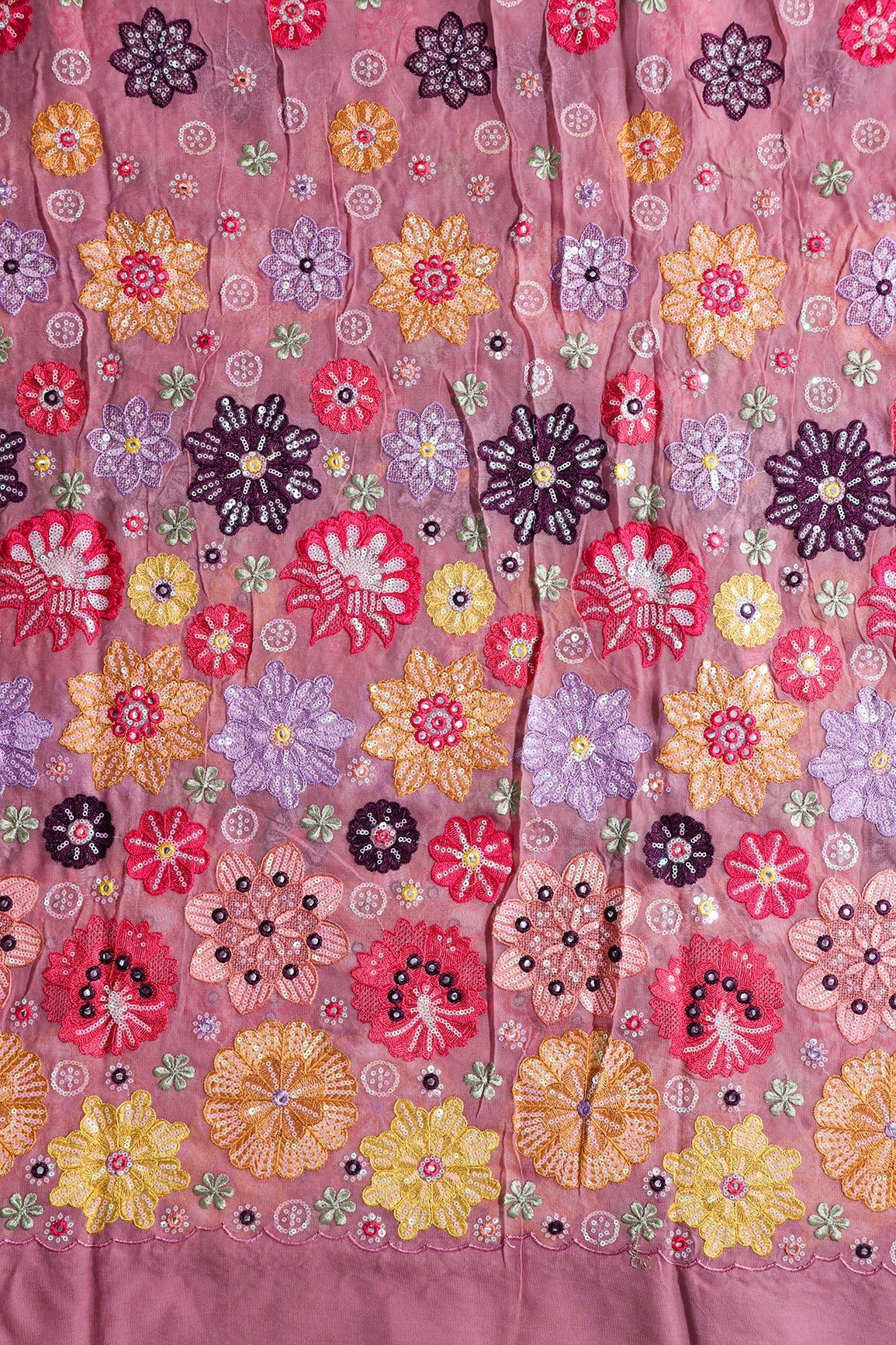 AIzaSyBcstauz-XMPRhEY21AUzeo032pxrXB5Ug - Big Width "52" Exclusive Floral Designer Embroidery With Faux Mirror On Thulian Pink Viscose Georgette Fabric