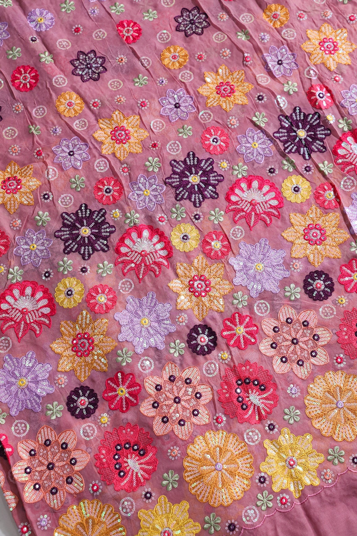 AIzaSyBcstauz-XMPRhEY21AUzeo032pxrXB5Ug - Big Width "52" Exclusive Floral Designer Embroidery With Faux Mirror On Thulian Pink Viscose Georgette Fabric