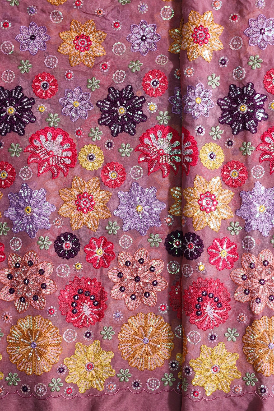 AIzaSyBcstauz-XMPRhEY21AUzeo032pxrXB5Ug - Big Width "52" Exclusive Floral Designer Embroidery With Faux Mirror On Thulian Pink Viscose Georgette Fabric