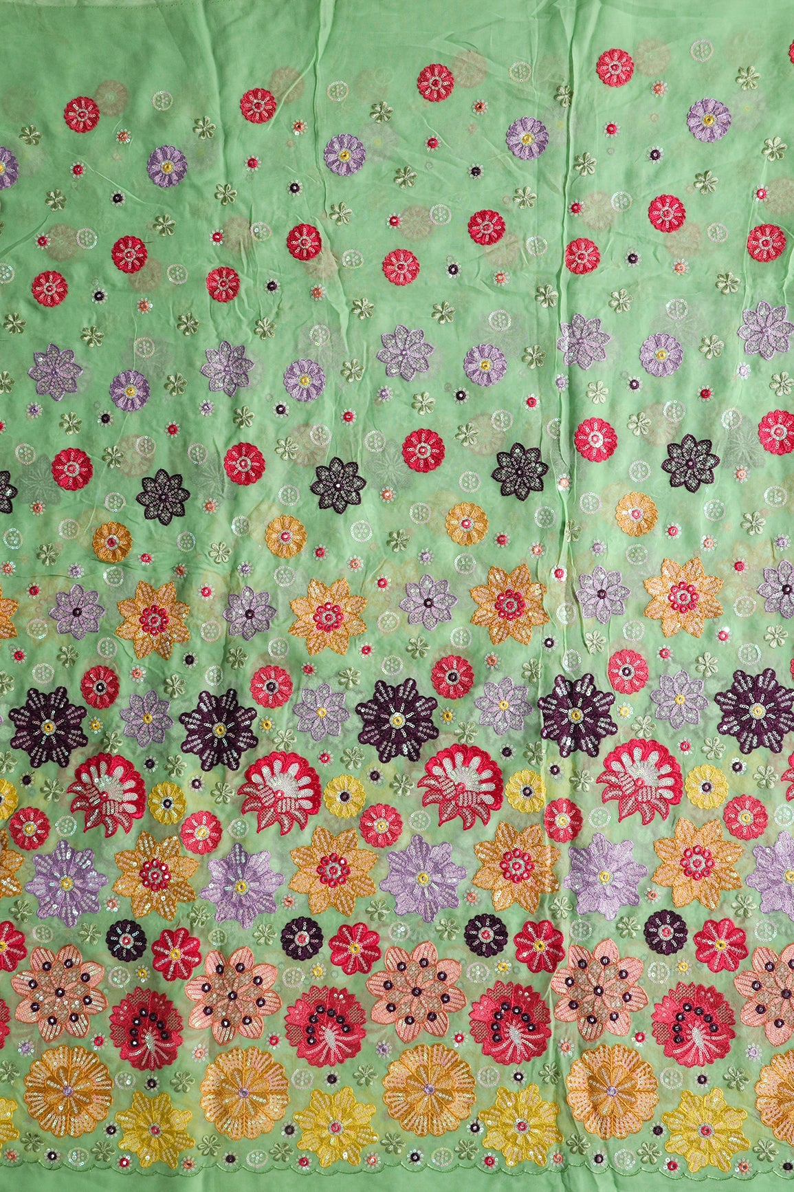 AIzaSyBcstauz-XMPRhEY21AUzeo032pxrXB5Ug - Big Width "52" Exclusive Floral Designer Embroidery With Faux Mirror On Olive Viscose Georgette Fabric