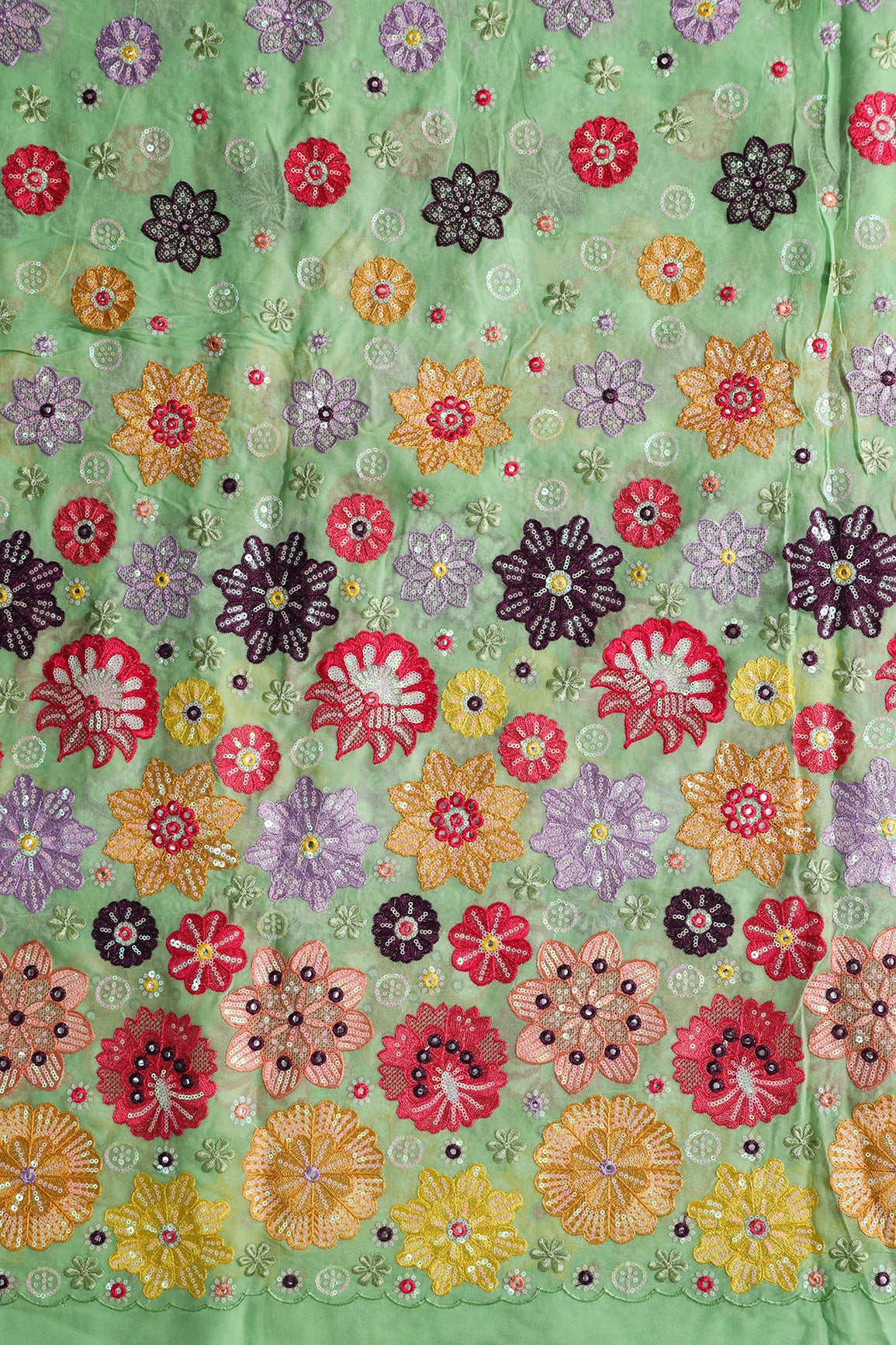 AIzaSyBcstauz-XMPRhEY21AUzeo032pxrXB5Ug - Big Width "52" Exclusive Floral Designer Embroidery With Faux Mirror On Olive Viscose Georgette Fabric