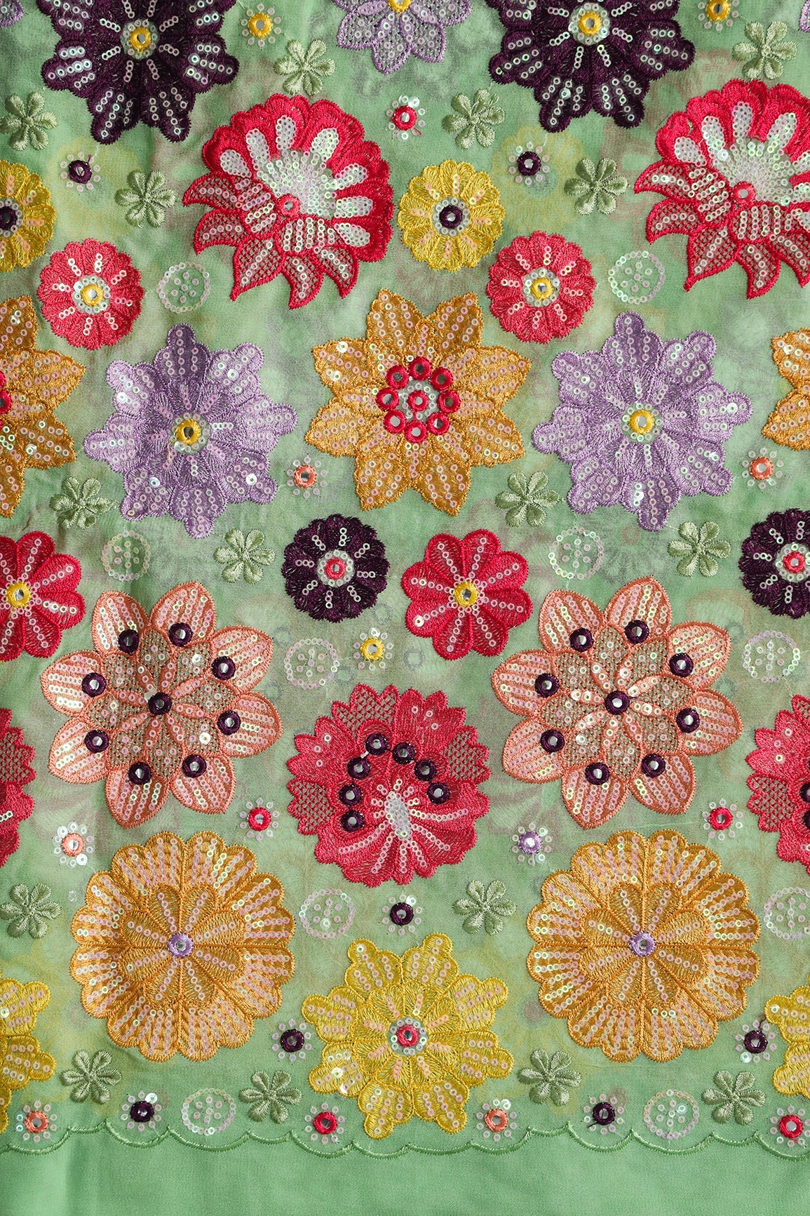 AIzaSyBcstauz-XMPRhEY21AUzeo032pxrXB5Ug - Big Width "52" Exclusive Floral Designer Embroidery With Faux Mirror On Olive Viscose Georgette Fabric