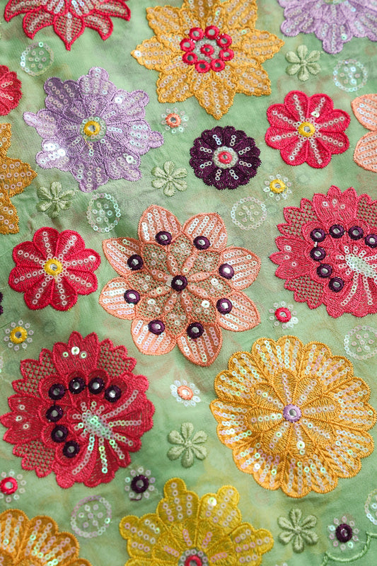 AIzaSyBcstauz-XMPRhEY21AUzeo032pxrXB5Ug - Big Width "52" Exclusive Floral Designer Embroidery With Faux Mirror On Olive Viscose Georgette Fabric