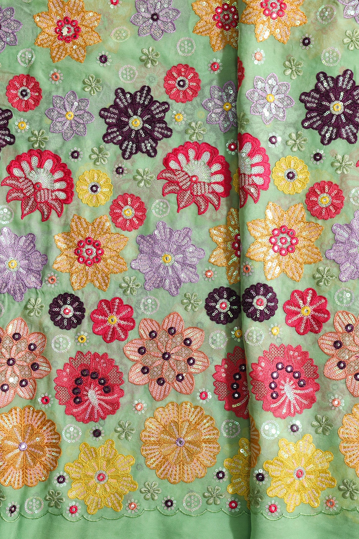 AIzaSyBcstauz-XMPRhEY21AUzeo032pxrXB5Ug - Big Width "52" Exclusive Floral Designer Embroidery With Faux Mirror On Olive Viscose Georgette Fabric