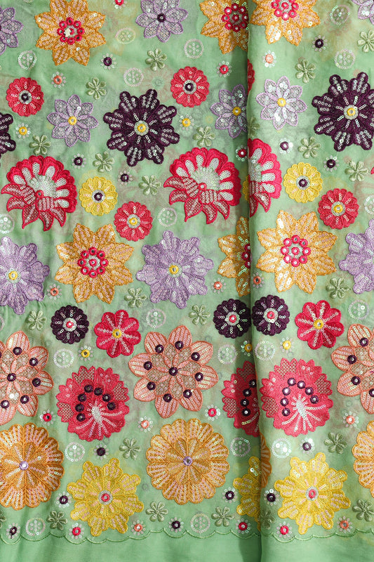 AIzaSyBcstauz-XMPRhEY21AUzeo032pxrXB5Ug - Big Width "52" Exclusive Floral Designer Embroidery With Faux Mirror On Olive Viscose Georgette Fabric