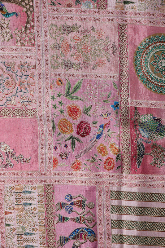 Positional Floral Print On Pastel Pink Viscose Dola Silk Jacquard Fabric