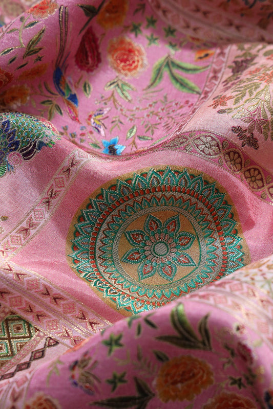 Positional Floral Print On Pastel Pink Viscose Dola Silk Jacquard Fabric