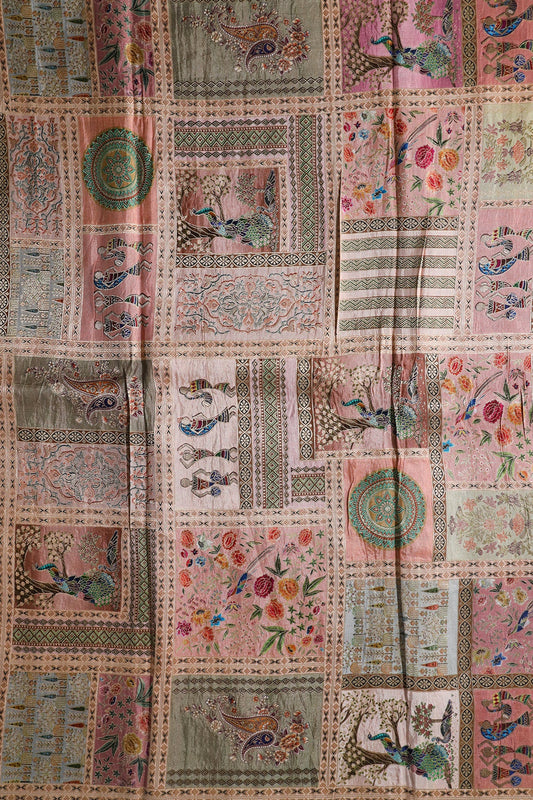 Positional Floral Print On Pastel Peach Viscose Dola Silk Jacquard Fabric