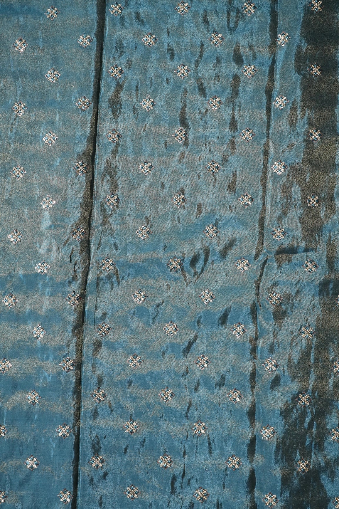 AIzaSyBcstauz-XMPRhEY21AUzeo032pxrXB5Ug - Gold Sequins And Zari Floral Booti Embroidery Work On Turkish Blue Pure Viscose Zari Tissue Fabric