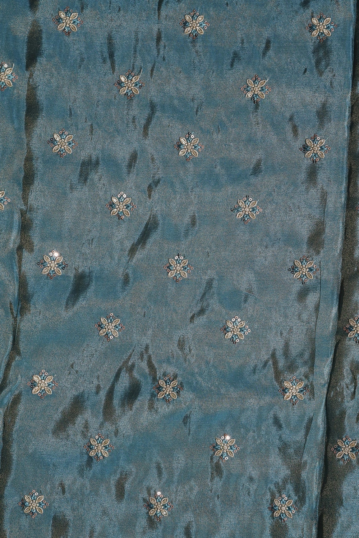 AIzaSyBcstauz-XMPRhEY21AUzeo032pxrXB5Ug - Gold Sequins And Zari Floral Booti Embroidery Work On Turkish Blue Pure Viscose Zari Tissue Fabric
