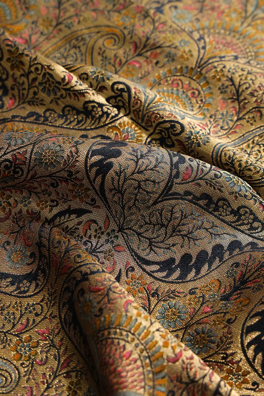 Positional Floral Print On Black Viscose Dola Silk Jacquard Fabric