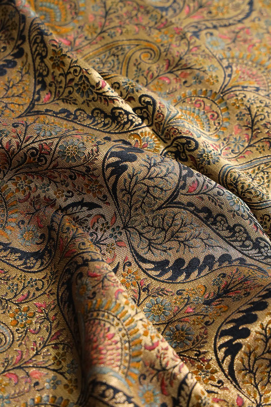 Positional Floral Print On Black Viscose Dola Silk Jacquard Fabric