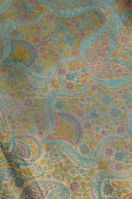 Positional Floral Print On Pastel Blue Viscose Dola Silk Jacquard Fabric