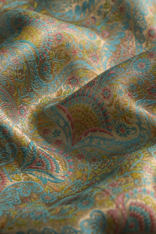 Positional Floral Print On Pastel Blue Viscose Dola Silk Jacquard Fabric