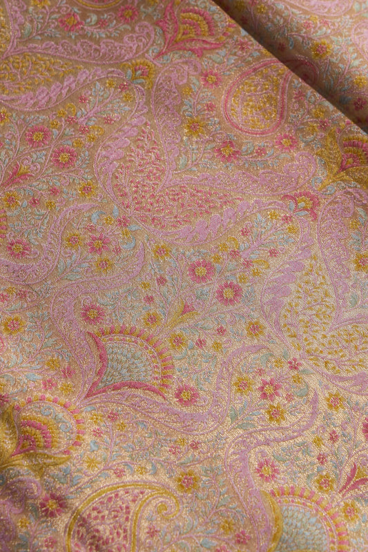 Positional Floral Print On Pastel Pink Viscose Dola Silk Jacquard Fabric