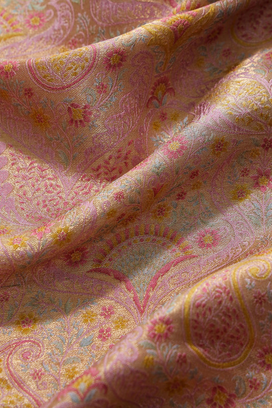 Positional Floral Print On Pastel Pink Viscose Dola Silk Jacquard Fabric