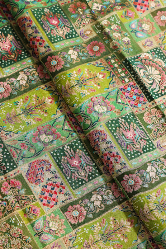 Positional Floral Print On Pastel Green Viscose Dola Silk Jacquard Fabric