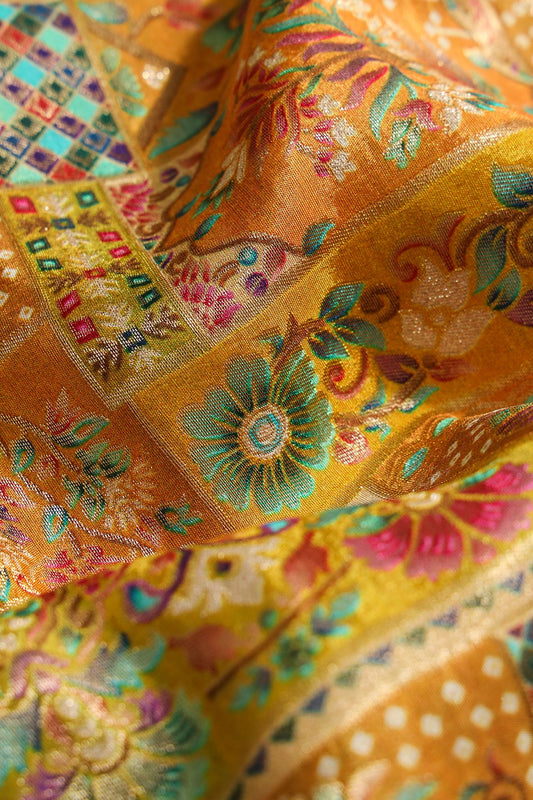 Positional Floral Print On Mustard Yellow Viscose Dola Silk Jacquard Fabric