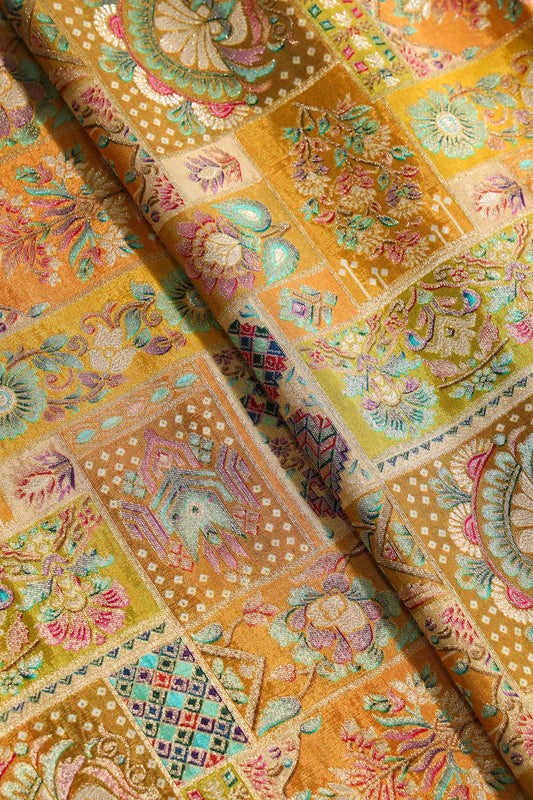 Positional Floral Print On Mustard Yellow Viscose Dola Silk Jacquard Fabric