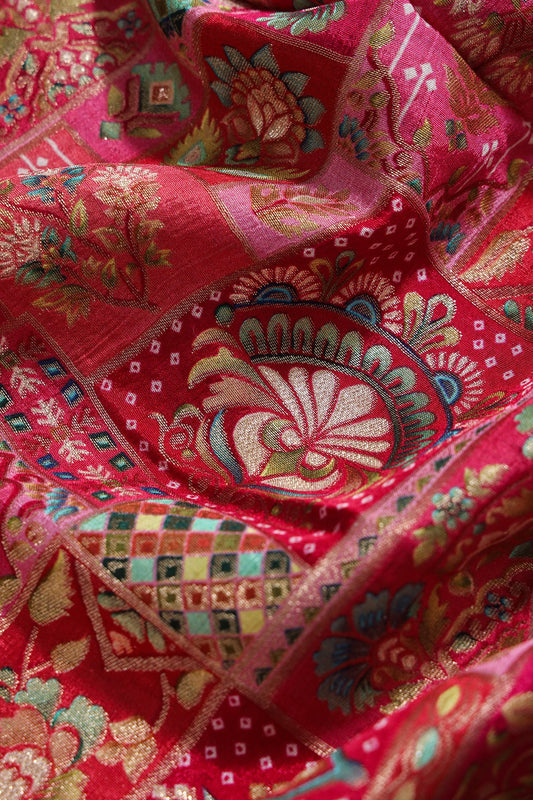Positional Floral Print On Rani Viscose Dola Silk Jacquard Fabric
