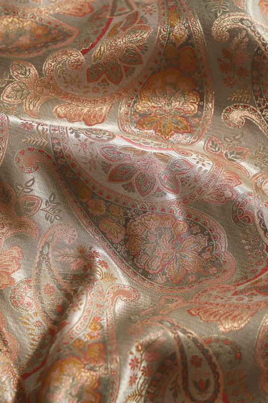 Positional Floral Print On Pastel Olive Viscose Dola Silk Jacquard Fabric