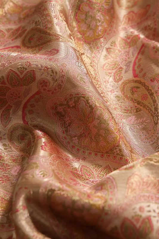 Positional Floral Print On Beige Viscose Dola Silk Jacquard Fabric