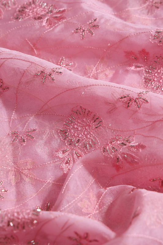 Pink Thread With Beads Floral Embroidery On Pink Organza Fabric