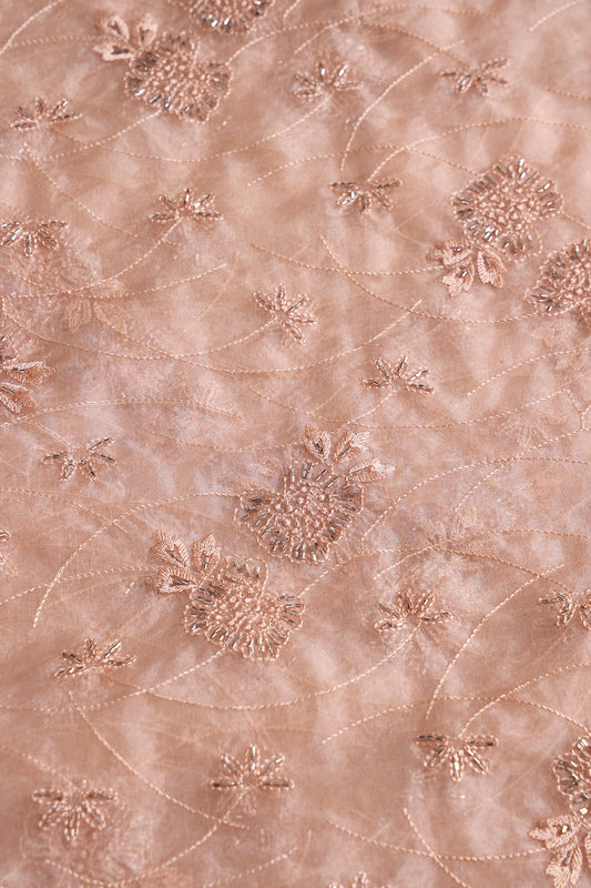 Peach Thread With Beads Floral Embroidery On Peach Organza Fabric