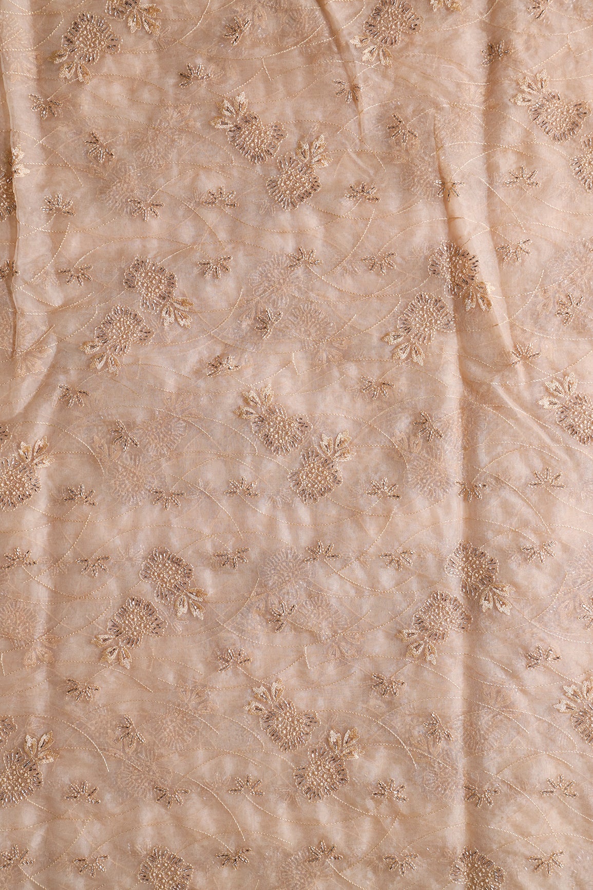 AIzaSyBcstauz-XMPRhEY21AUzeo032pxrXB5Ug - Beige Thread With Beads Floral Embroidery On Beige Organza Fabric
