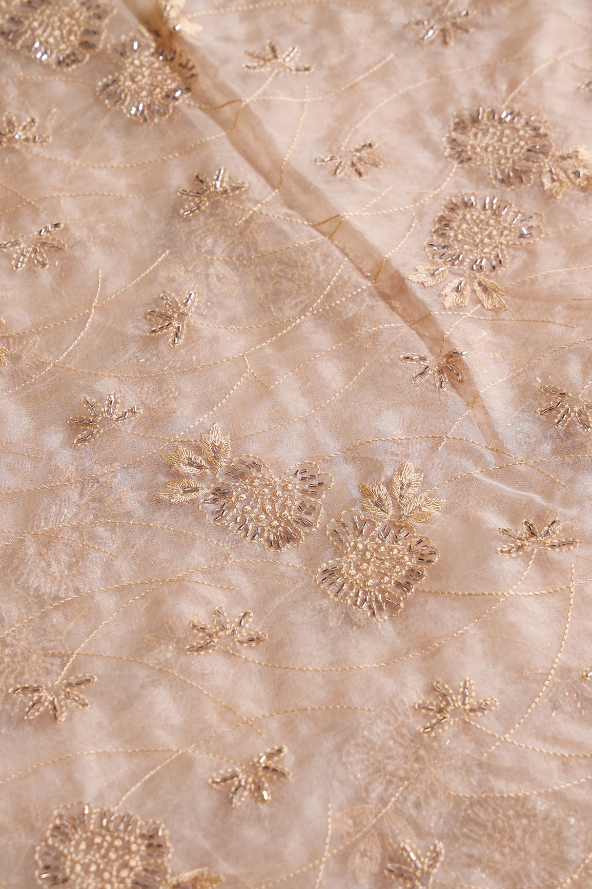 AIzaSyBcstauz-XMPRhEY21AUzeo032pxrXB5Ug - Beige Thread With Beads Floral Embroidery On Beige Organza Fabric