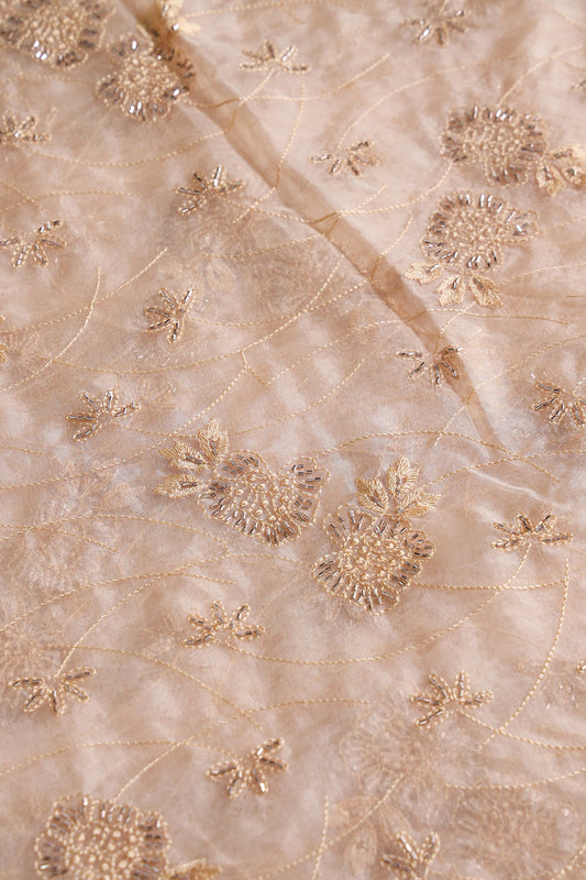 AIzaSyBcstauz-XMPRhEY21AUzeo032pxrXB5Ug - Beige Thread With Beads Floral Embroidery On Beige Organza Fabric