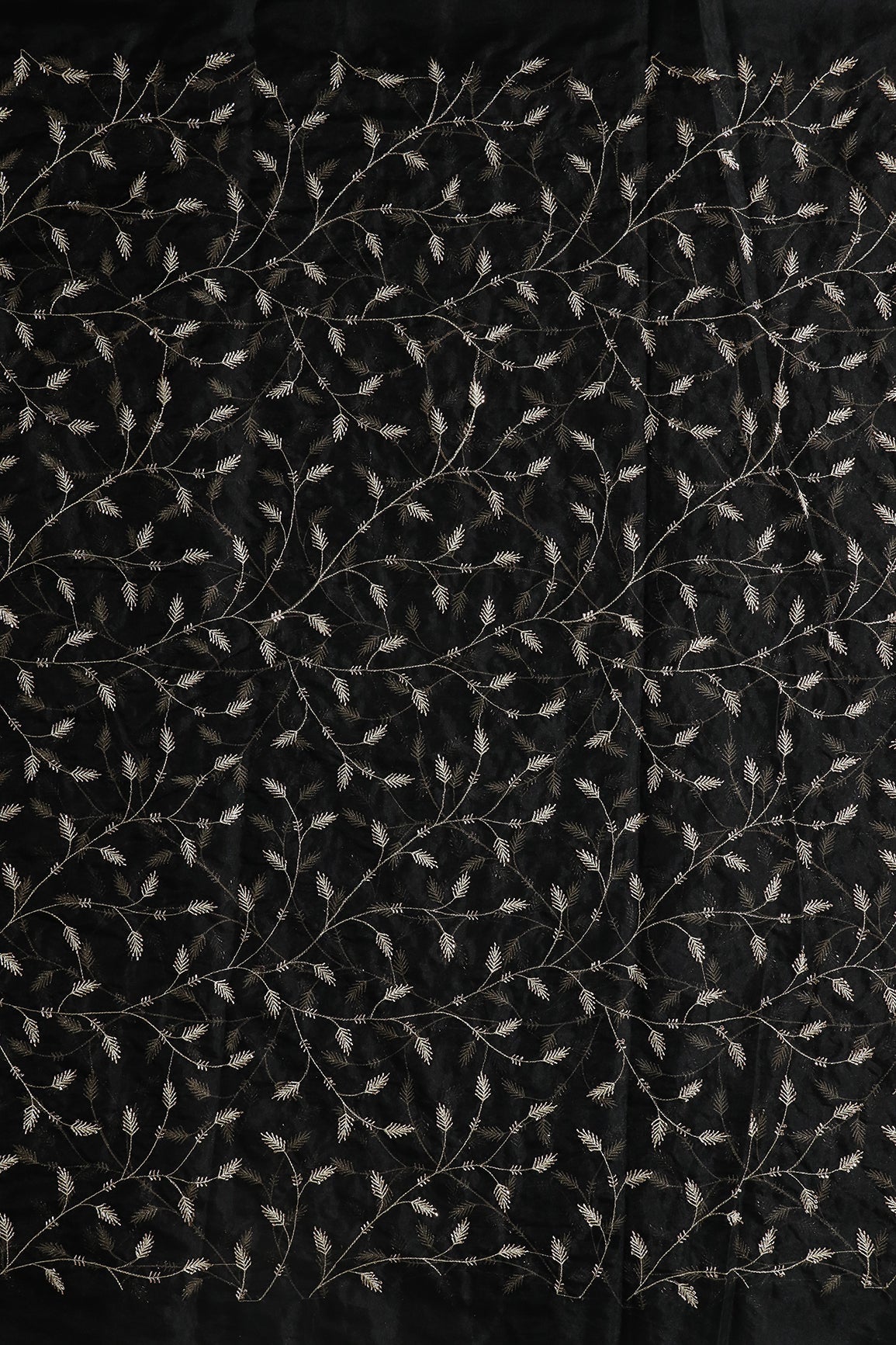 AIzaSyBcstauz-XMPRhEY21AUzeo032pxrXB5Ug - Gold Zari With Beads Leafy Embroidery Work On Black Organza Fabric