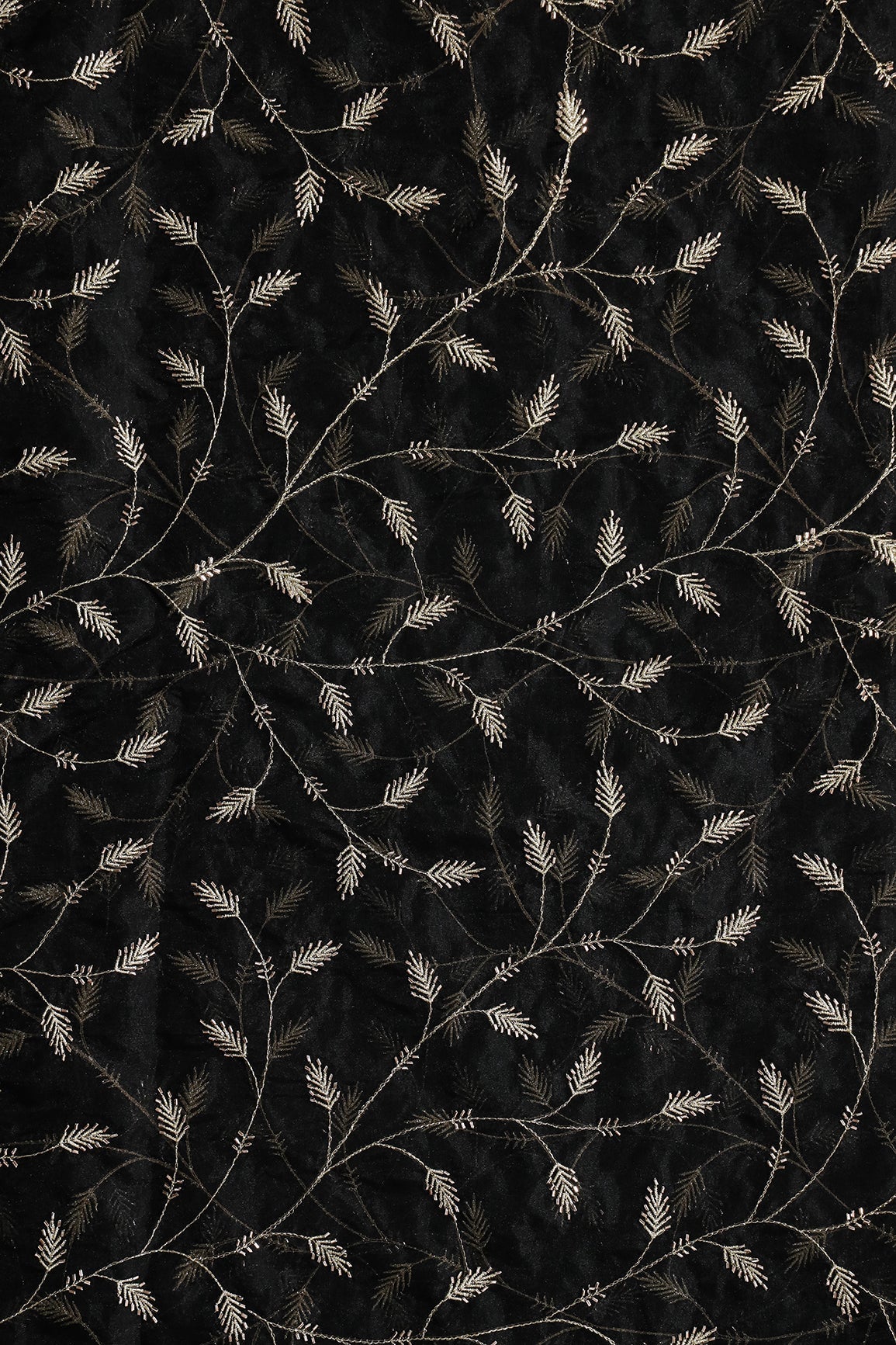 AIzaSyBcstauz-XMPRhEY21AUzeo032pxrXB5Ug - Gold Zari With Beads Leafy Embroidery Work On Black Organza Fabric
