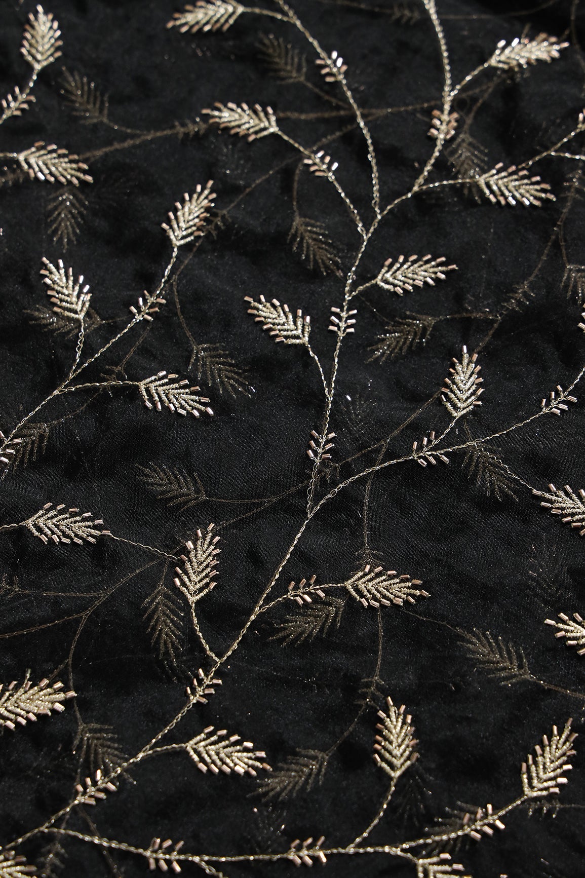 AIzaSyBcstauz-XMPRhEY21AUzeo032pxrXB5Ug - Gold Zari With Beads Leafy Embroidery Work On Black Organza Fabric