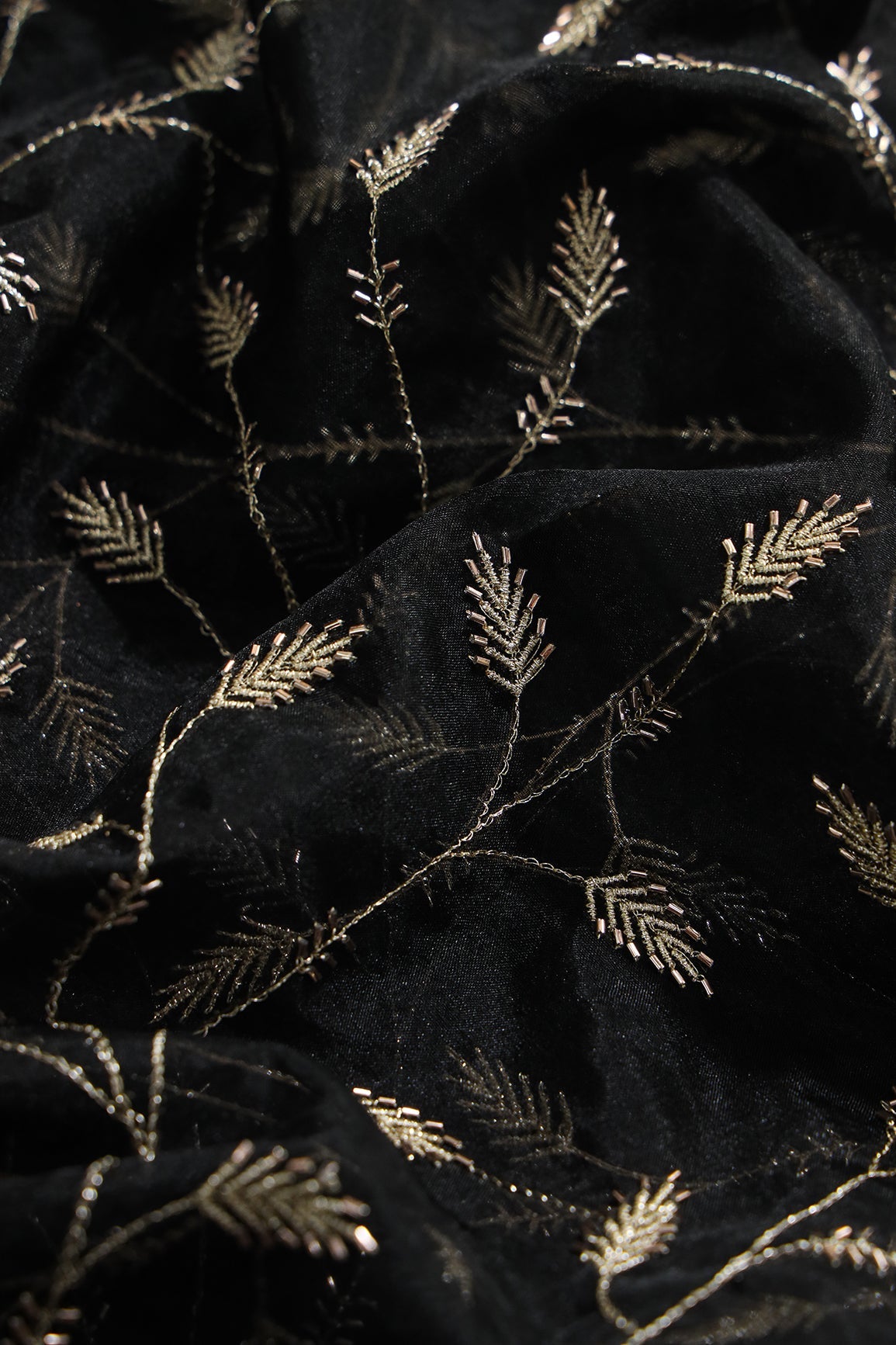 AIzaSyBcstauz-XMPRhEY21AUzeo032pxrXB5Ug - Gold Zari With Beads Leafy Embroidery Work On Black Organza Fabric