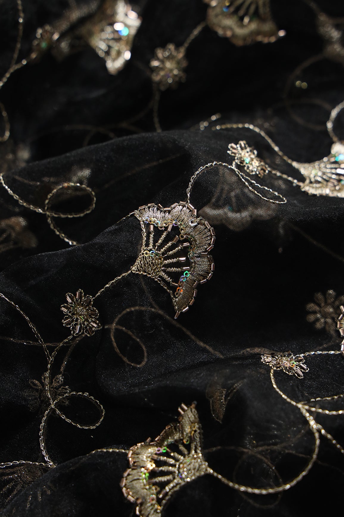 AIzaSyBcstauz-XMPRhEY21AUzeo032pxrXB5Ug - Gold Zari With Beads Beautiful Floral Embroidery On Black Organza Fabric