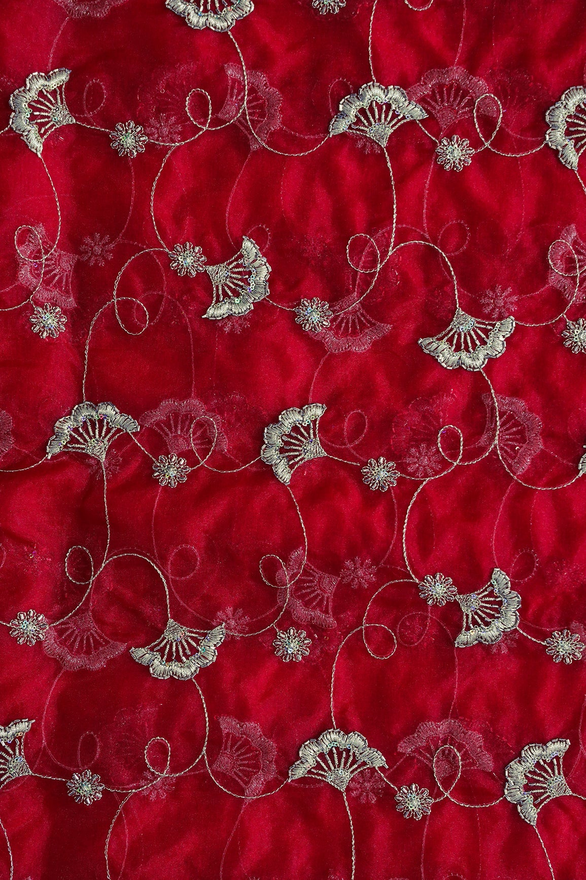 AIzaSyBcstauz-XMPRhEY21AUzeo032pxrXB5Ug - Gold Zari With Beads Beautiful Floral Embroidery On Red Organza Fabric