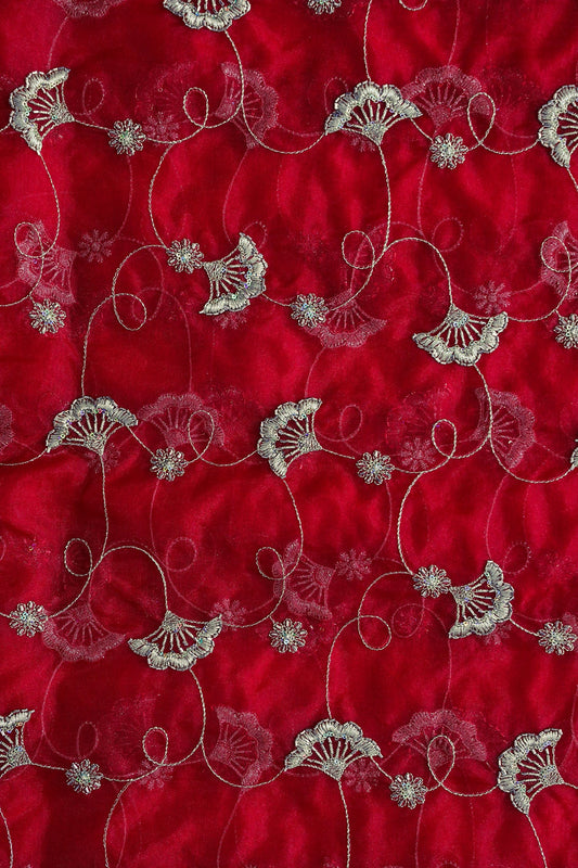 AIzaSyBcstauz-XMPRhEY21AUzeo032pxrXB5Ug - Gold Zari With Beads Beautiful Floral Embroidery On Red Organza Fabric