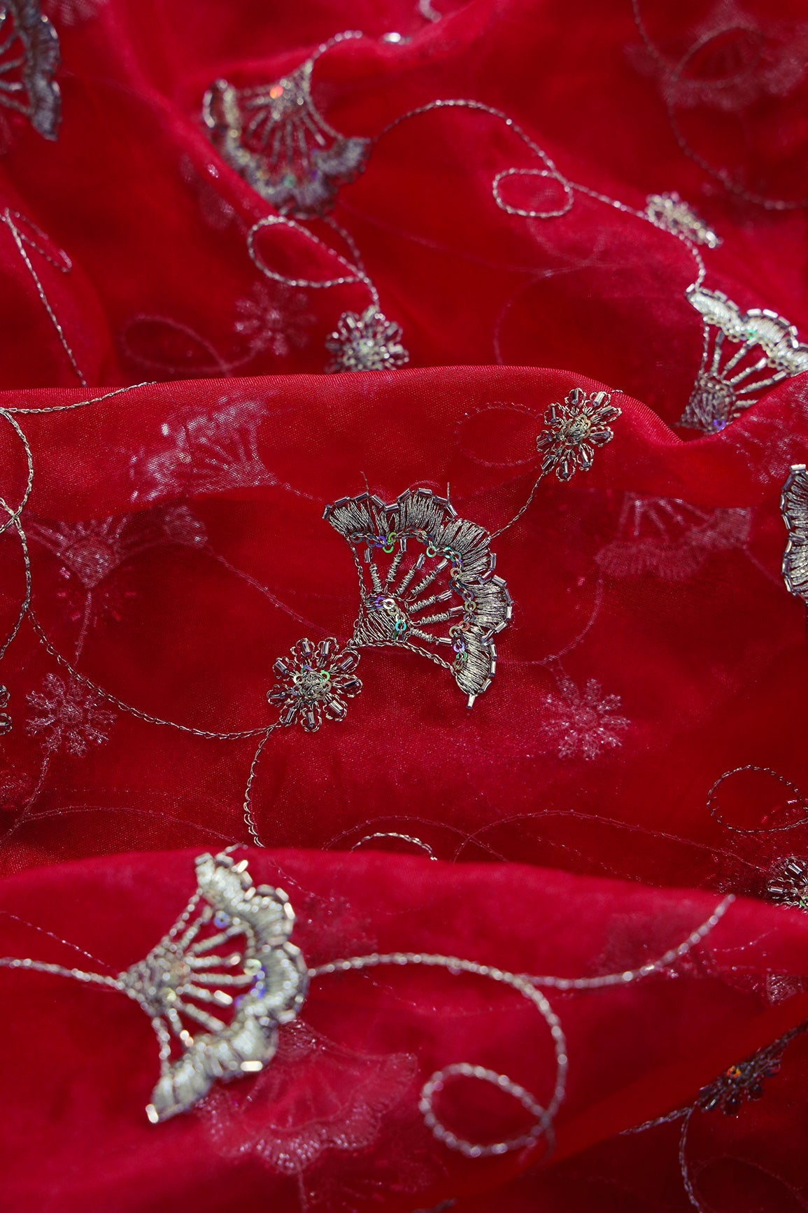 AIzaSyBcstauz-XMPRhEY21AUzeo032pxrXB5Ug - Gold Zari With Beads Beautiful Floral Embroidery On Red Organza Fabric