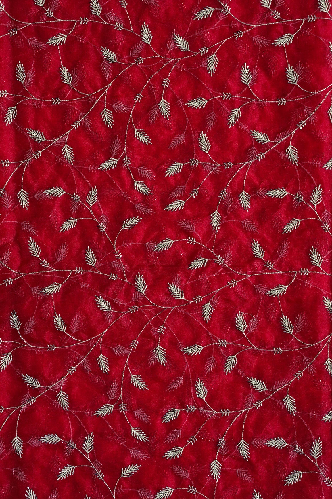 AIzaSyBcstauz-XMPRhEY21AUzeo032pxrXB5Ug - Gold Zari With Beads Leafy Embroidery Work On Red Organza Fabric