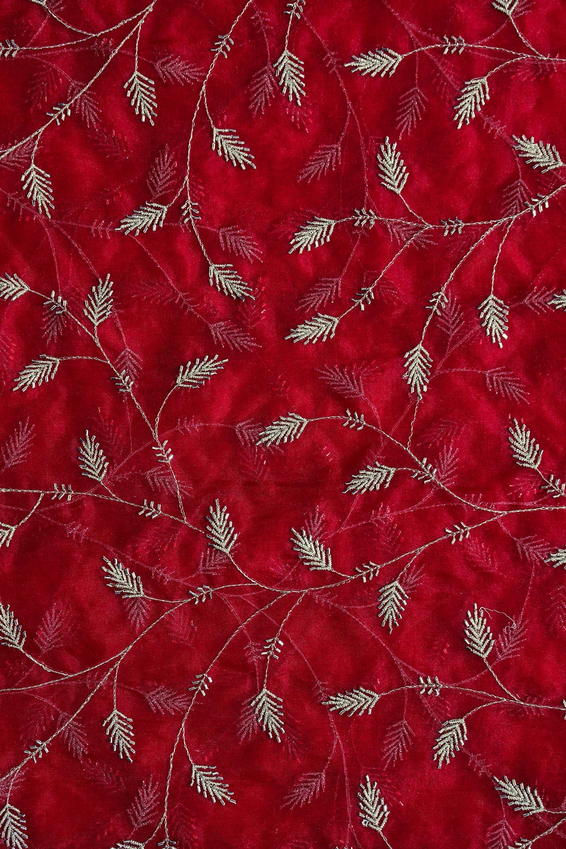 AIzaSyBcstauz-XMPRhEY21AUzeo032pxrXB5Ug - Gold Zari With Beads Leafy Embroidery Work On Red Organza Fabric
