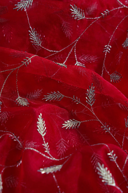 AIzaSyBcstauz-XMPRhEY21AUzeo032pxrXB5Ug - Gold Zari With Beads Leafy Embroidery Work On Red Organza Fabric