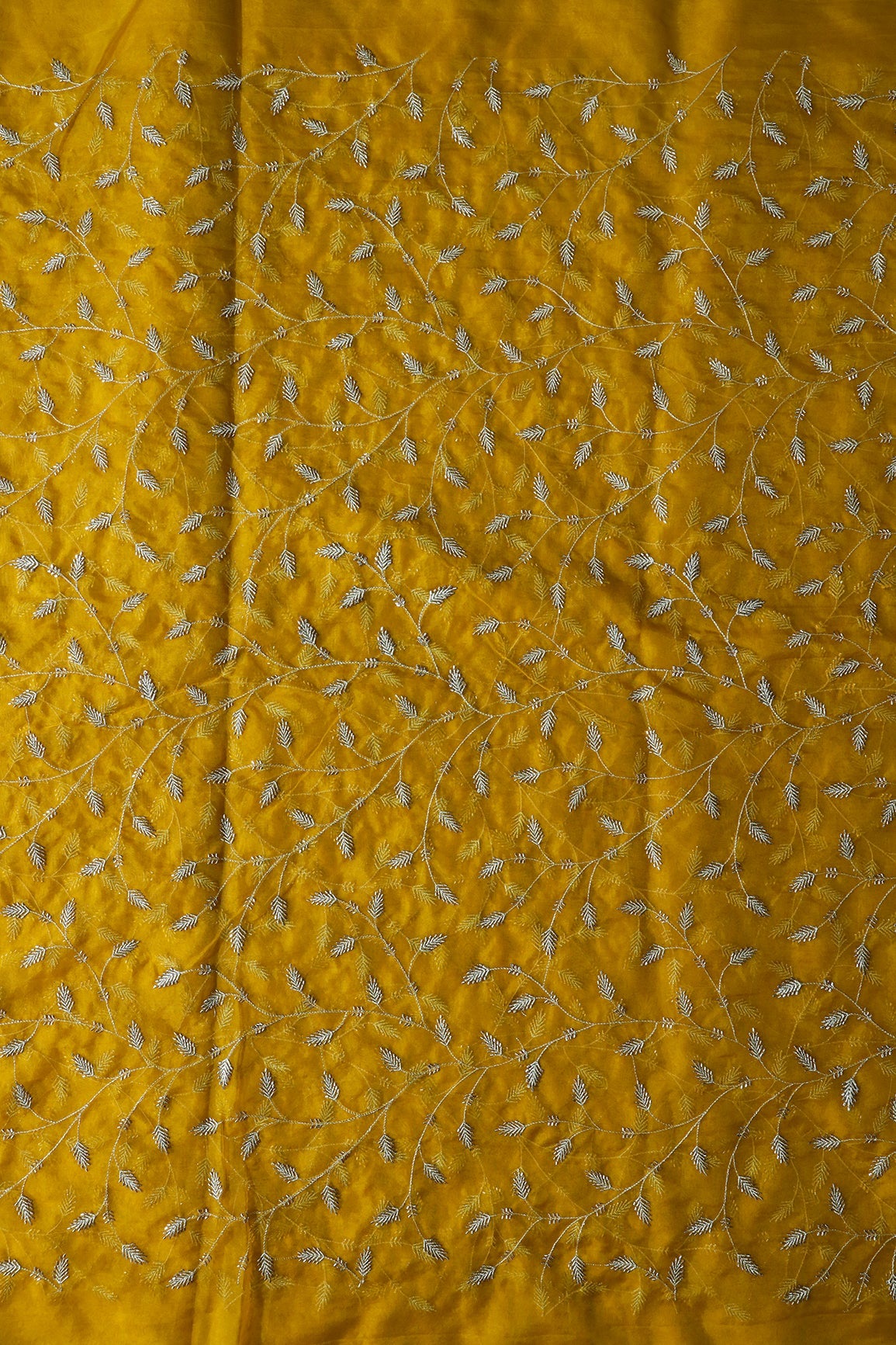 AIzaSyBcstauz-XMPRhEY21AUzeo032pxrXB5Ug - Gold Zari With Beads Leafy Embroidery Work On Yellow Organza Fabric